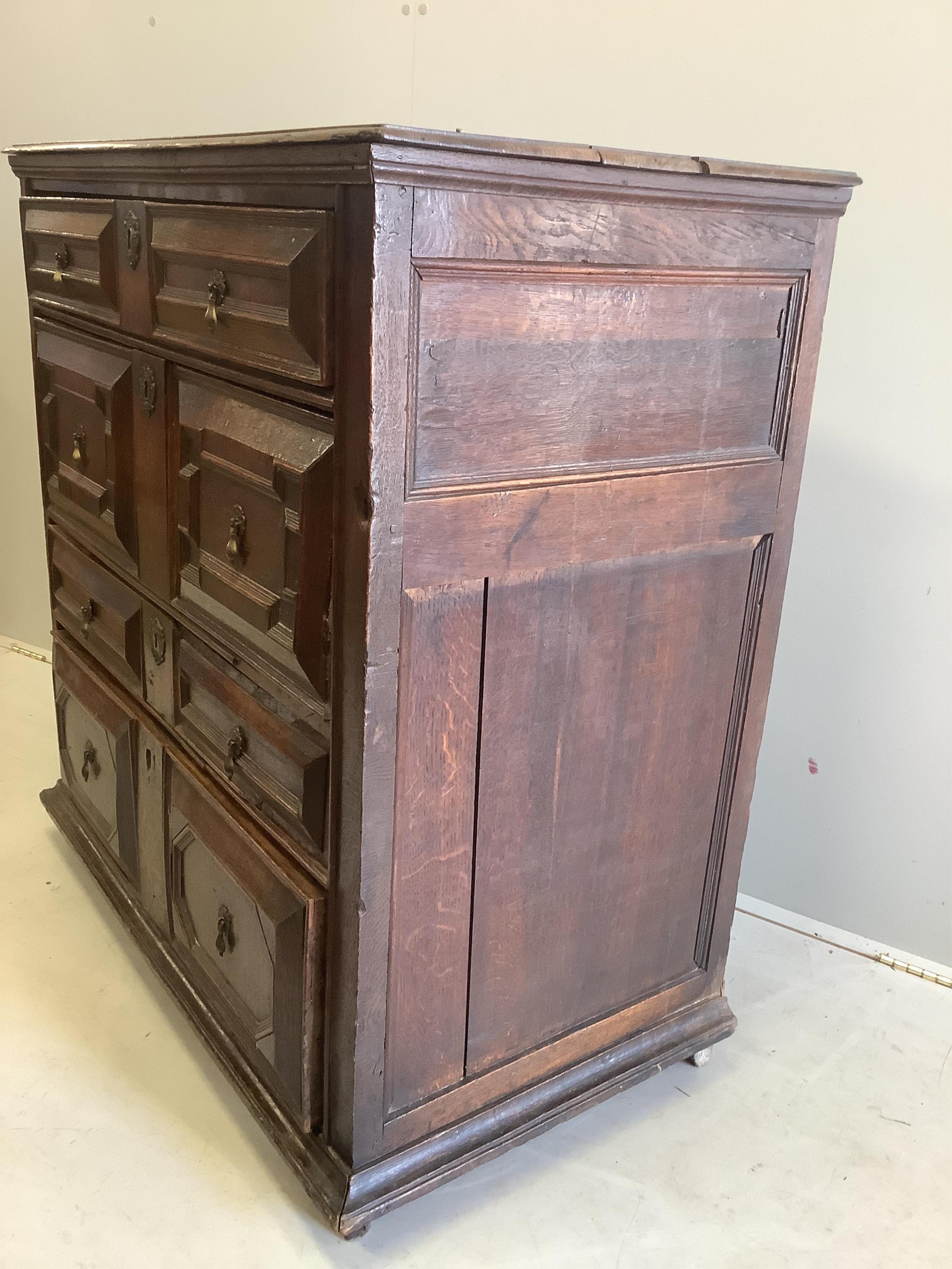 A late 17th century oak chest of drawers (one plank loose on top), width 103cm, depth 56cm, height 108cm